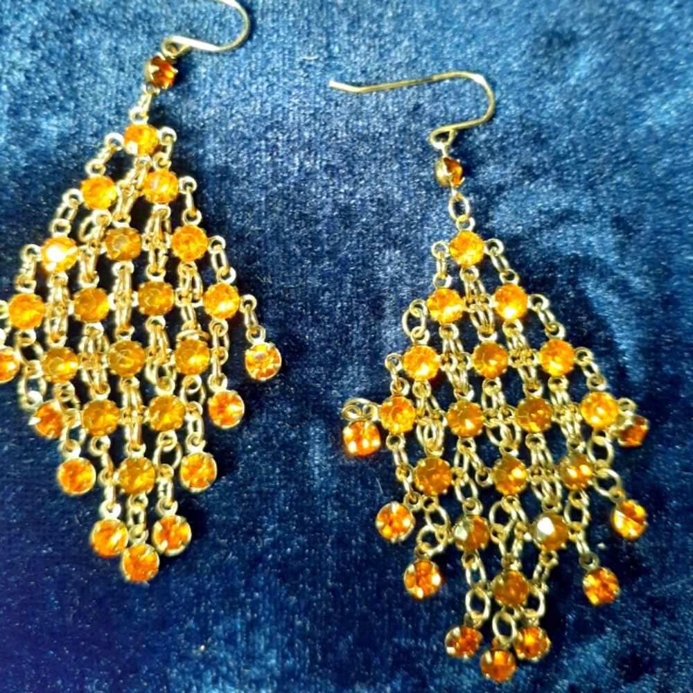 Vintage Gold Tone Rhinestone Chandelier Earrings
